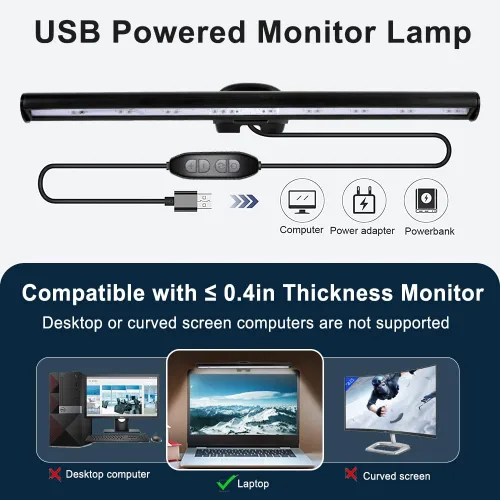 Vista 5 de skybess Barra de lámpara de monitor para laptop, monitor LED de lectura electrónica USB, luz de trabajo para oficina, hogar, brillo