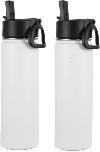 Vista 41 de Volhoply Botellas de agua aisladas de 22 onzas con tapa con popote, botella deportiva de acero inoxidable con asa, vasos de agua de viaje de metal