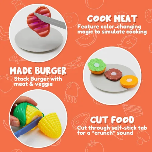Vista 5 de Juego de parrilla para barbacoa para niños, juego de juguetes de cocina con humo de simulación, luz, sonido y alimentos que cambian