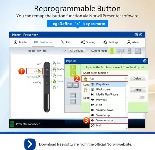 Vista 5 de Norwii Clicker de presentación Bluetooth recargable con puntero verde, presentador inalámbrico, control remoto de presentación de PowerPoint, clic
