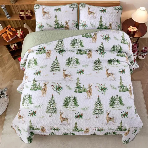 Vista 3 de DJY Juego de edredón navideño tamaño queen, patrón de renos y árboles de Navidad, juego de ropa de cama navideña, suave microfibra verde y blanco