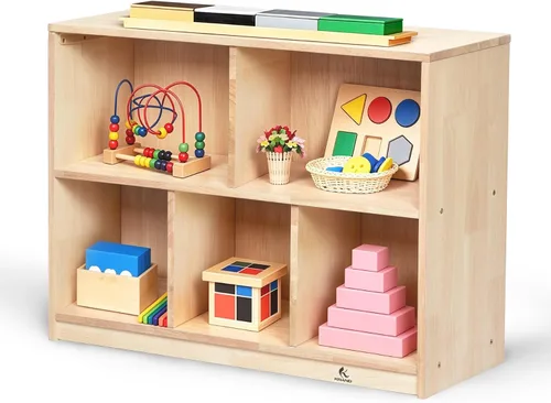 Vista 13 de Estante de almacenamiento Montessori curvado de 3 niveles - Organizador infantil para juguetes, libros y suministros de arte, muebles de gabinete