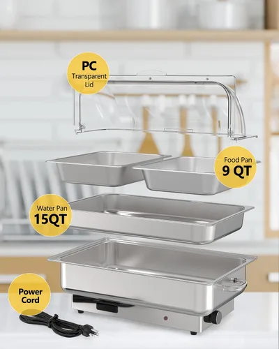 Vista 3 de 9QT - Juego de platos eléctricos para catering con control de temperatura, servidores y calentadores de bufé de acero inoxidable con tapa enrollable