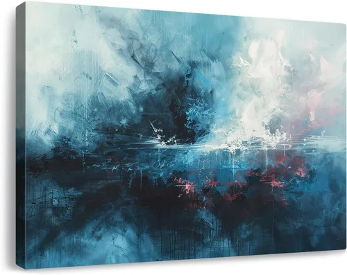 Vista 13 de Lienzo abstracto grande para pared, pinturas artísticas modernas de acuarela, fantasía negra y azul, graffiti colorido sobre fondo blanco