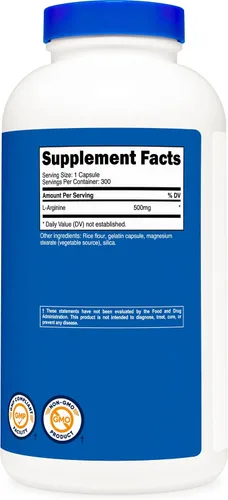 Vista 5 de Nutricost L-Arginina 500mg, 300 Cápsulas - Sin Gluten y Sin OGM