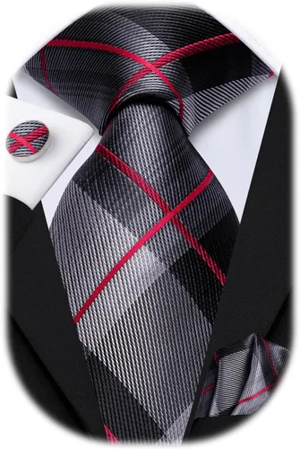 Vista 122 de Hi-Tie Corbata clásica de cachemira para hombre con pañuelo y gemelos a cuadros