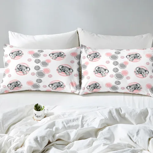 Vista 6 de Erosebridal Juego de sábanas lindas de koala para niños, sábana bajera ajustable kawaii koalas tamaño individual con puntos grises y rosados, funda