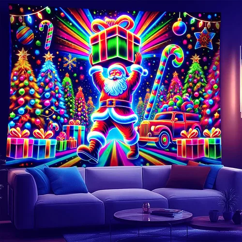 Vista 19 de NYZE - Tapiz de Navidad con Papá Noel, tapiz de luz negra que brilla en la oscuridad, colgante de pared, banner festivo, decoración para fiesta