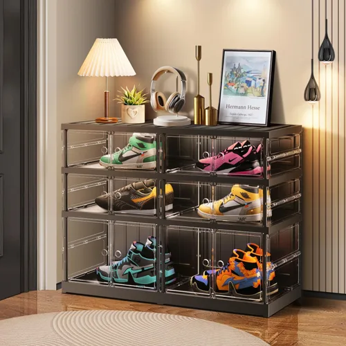 Vista 10 de CIMLORD Estante de zapatos plegable de 3 niveles para armario y entrada, 3-6 pares, cajas de almacenamiento de zapatos apilables transparentes