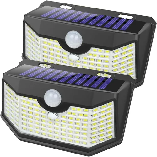 Vista 21 de HMCITY Luces solares para exteriores, 120 LED con 3 modos de iluminación, luces de pared con sensor de movimiento, IP65, impermeable, alimentadas