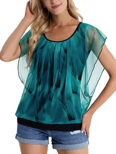 Vista 4 de BAISHENGGT Blusas de verano para mujer, de manga corta, plisadas, de malla frontal, blusas elegantes y casuales