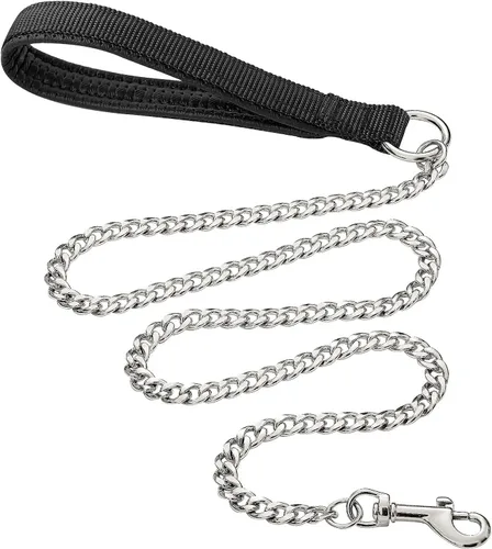Vista 7 de Correa de metal resistente para perros, cadena de correa para mascotas a prueba de mordidas de 4 pies con mango acolchado suave para perros grandes