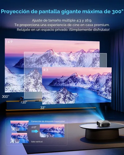 Vista 3 de Proyector con WiFi y Bluetooth, proyector de película portátil para exteriores Native 1080P, zoom del 50% al 100%, pantalla de 400 pulgadas