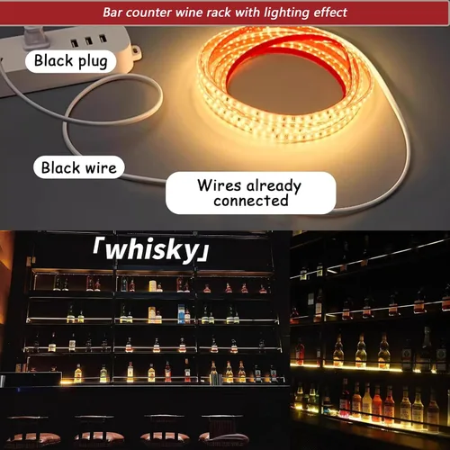 Vista 4 de Estante de metal para vino montado en la pared con luces LED, estantes flotantes de bar de 3 niveles con estante para copas de vino, estante grande