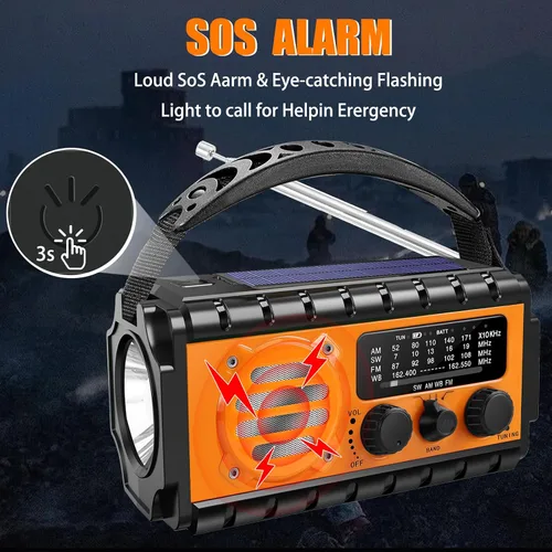 Vista 5 de Radio de emergencia con manivela de 20000 mAh, radio meteorológica SW/NOAA/AM/FM, manivela accionada por energía solar con batería Bige, portátil