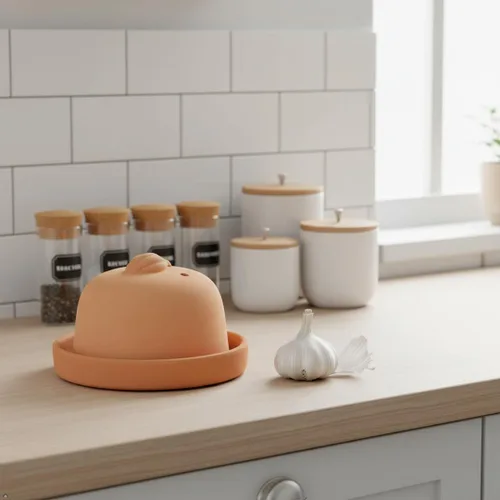 Vista 4 de Eurita Terra Cotta - Asador de ajo con tapa y ventilación de vapor, horneador de ajo de arcilla natural para horno o microondas, plato para asar ajo