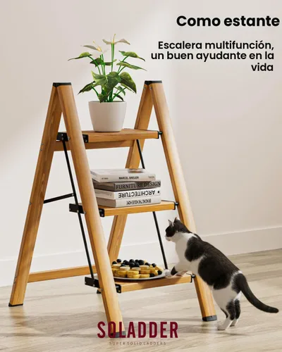 Vista 7 de SOLADDER Escalera de 3 escalones, taburete plegable ligero, grano de madera Woodgrain