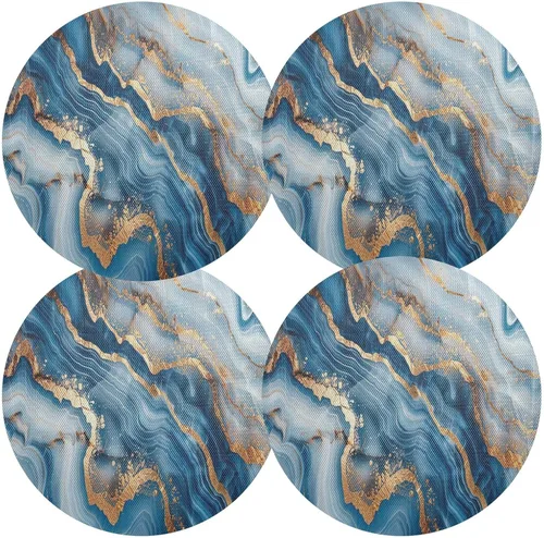 Vista 2 de Mantel individual redondo de mármol azul dorado, lavable para mesa de comedor para cocina (talla única x 1)