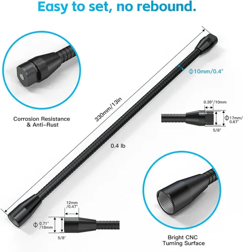 Vista 2 de ZealSound Brazo de manguera de metal multifuncional, cuello de cisne de micrófono de 13 pulgadas, extensión de soporte para soporte de piso
