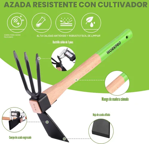 Vista 4 de WORKPRO Azada y Cultivador Rastrillo de Jardín con Mango de Madera de 14", Hoja de Azada Afilada y Cultivador Resistente de 3 Garras, Herramientas