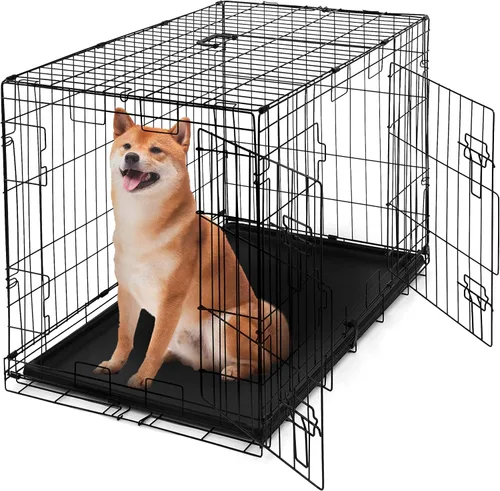 Vista 13 de CAPHAUS Perrera plegable de alambre de metal para perros con bandeja a prueba de fugas y patas protectoras y panel divisor, puerta individual