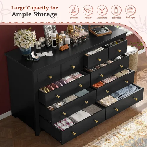 Vista 3 de DurayLoly Cómoda de 10 cajones para dormitorio, cómodas modernas negras para ropa, suministros de oficina, ideal como soporte de TV, recibidor