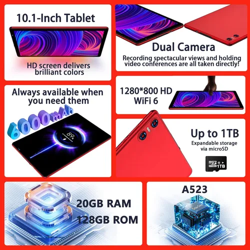 Vista 6 de Tablet Android 15 con teclado y ratón, 20 GB de RAM + 128 GB de ROM (expandir a 1 TB), tabletas Octa-Core de 10.1 pulgadas con WiFi 6, cámara dual