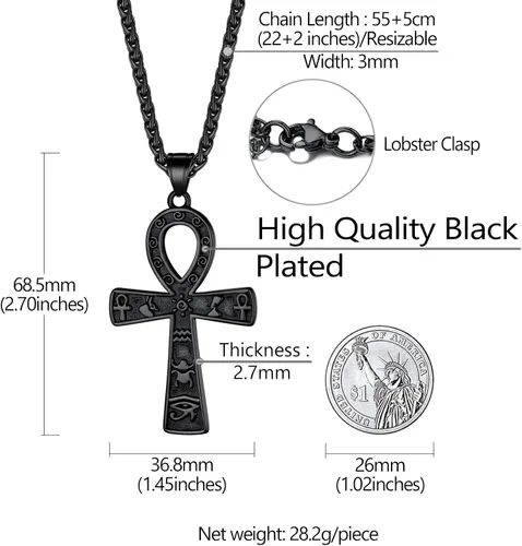 Vista 5 de Collar con colgante de cruz de Ankh chapado en acero inoxidable, oro y negro, para hombres y mujeres, con cadena de trigo, joyería religiosa