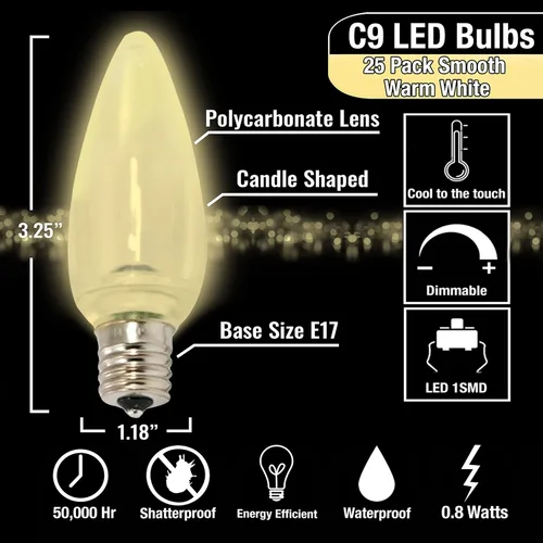 Vista 2 de C9 - Bombillas LED de repuesto para Navidad, color blanco cálido suave, forma de vela, grado comercial, E17
