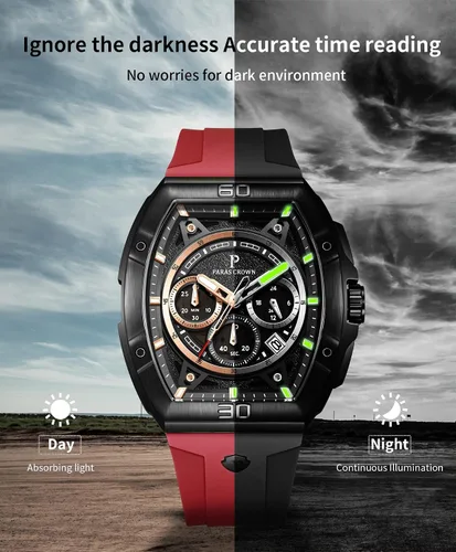 Vista 5 de Paras Crown Relojes para hombre, Tonneau 5ATM, impermeable, de cuarzo, cronógrafo, analógico, de cuarzo, analógico, reloj de pulsera para hombre