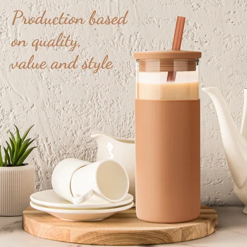 Vista 9 de Tronco Vaso de vidrio de 20 onzas con tapas y pajitas, vasos reutilizables para batidos con tapa de silicona, taza de café helado con funda