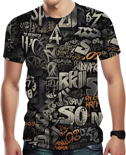 Vista 5 de Camiseta con marcadores de graffiti con letras callejeras para hombre, impresión 3D, camiseta gráfica de graffiti Negro