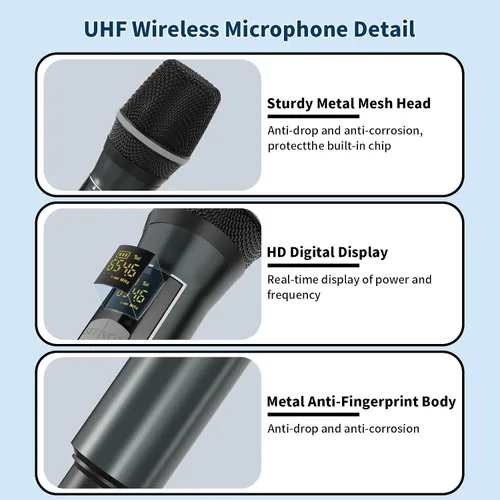 Vista 4 de Micrófonos inalámbricos, micrófonos duales UHF profesionales para karaoke, sistema de micrófono dinámico inalámbrico con receptor recargable, Plug