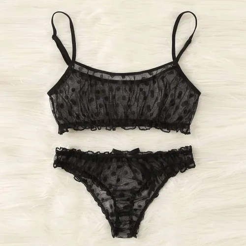 Vista 3 de Lencería sexy para mujer, con malla de puntos, con lazo, ropa interior, ropa interior, ropa interior negra, tallas S-XL