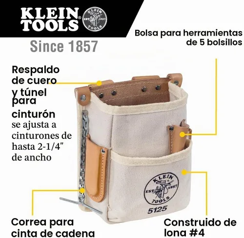 Vista 2 de Klein Tools 5125 - Bolsa de herramientas de lona y cuero con 5 bolsillos con cinta de cadena y conexión de cinturón de túnel