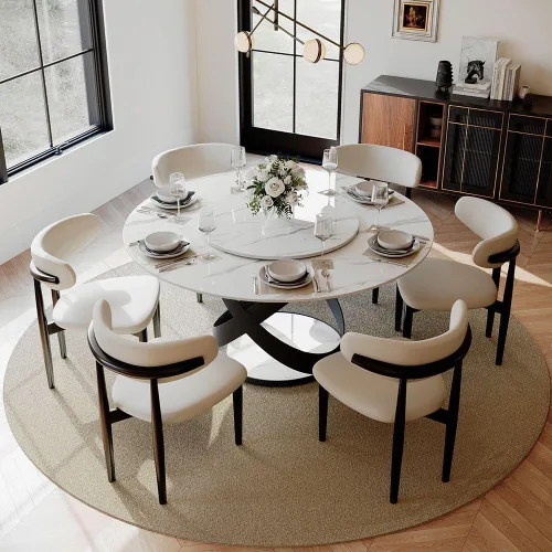 Vista 26 de POVISON Juego de 4 sillas de comedor redondas de lino y algodón con mesa de comedor de vidrio (mesa de comedor de 51 pulgadas + 4 sillas)