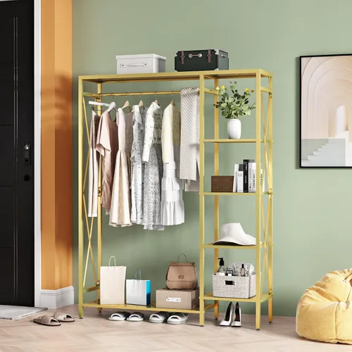 Vista 2 de TIEOU Estantes de ropa dorados modernos independientes, estante de ropa dorado con estantes para boutiques, estante de ropa resistente para colgar