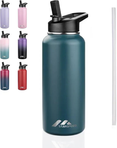 Vista 35 de StarSpeed Botella de agua aislada de 32 onzas con tapa con pajilla, botella de agua al vacío de doble pared de acero inoxidable, botella de agua