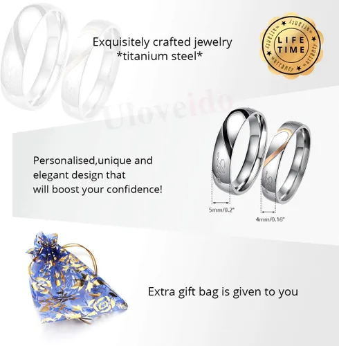 Vista 7 de Uloveido Anillos de compromiso de boda de acero inoxidable de titanio para parejas, grabados, amor real Y552