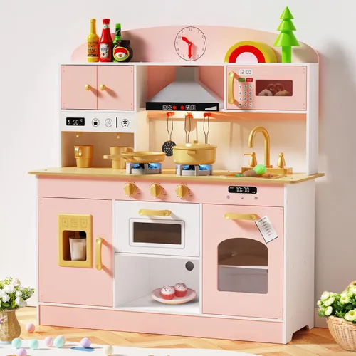 Vista 8 de Babytronic Juego de cocina de madera, cocina de simulación con luces y sonidos para niños de 3 años en adelante, incluye estufa, horno, microondas