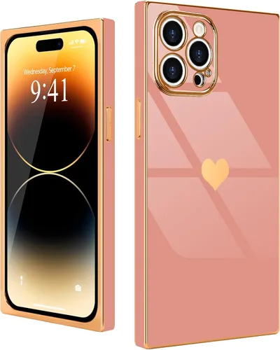 Vista 62 de Compatible con iPhone 12 Funda Rectangular Bonita Chapado Dorado Lujo Corazón de Amor Funda de Teléfono para Mujeres Niñas A Prueba de Golpes