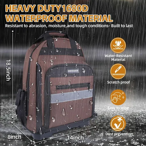 Vista 3 de Mochila para herramientas, mochila resistente con base moldeada impermeable, paquete de trabajo para electricistas con múltiples bolsillos