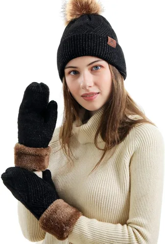 Vista 2 de MAYLISACC Gorro y guantes para mujer, gorro térmico de punto de invierno, 2 piezas, con forro polar grueso para mujer