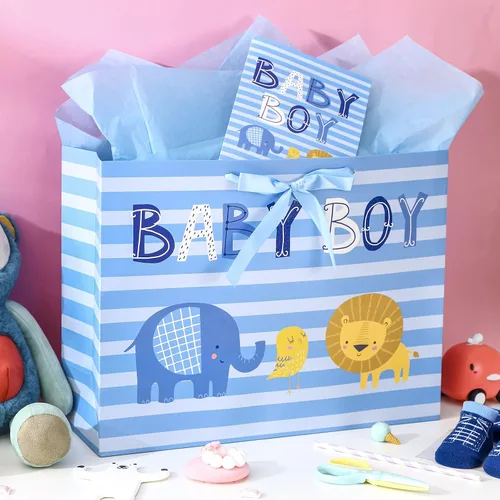 Vista 8 de Loveinside Bolsa de regalo para bebé niño con papel de seda y tarjeta de felicitación para baby shower, nuevos padres y más, diseño animal azul, 16