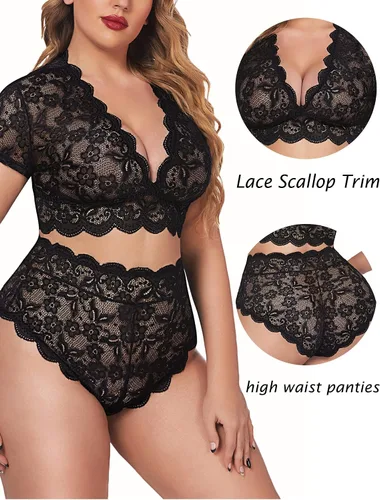 Vista 3 de Avidlove Conjunto de lencería de talla grande con encaje floral y ribete festoneado en V profundo con brasier de encaje en toda la prenda ropa sexy
