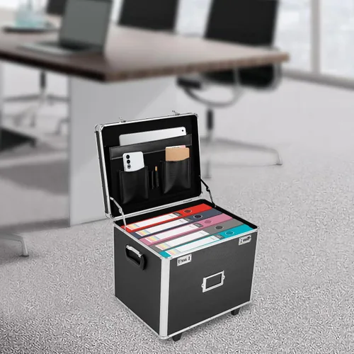Vista 2 de Gdrasuya10 Caja de almacenamiento de archivos portátil con asa, carrito con cerradura con ruedas, organizador de archivos de letras de metal, caja