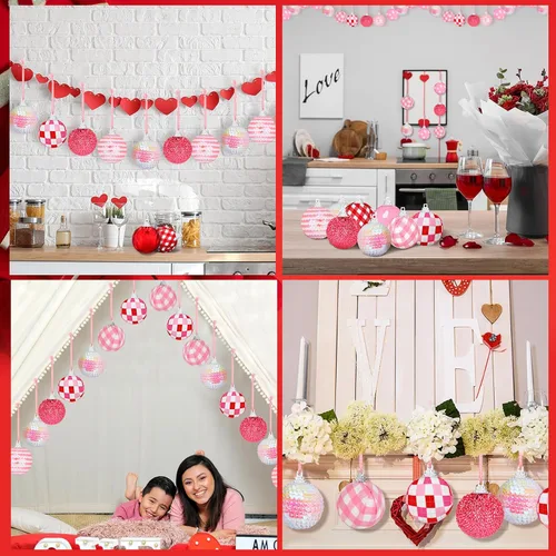 Vista 6 de Zhanmai 12 adornos de bola para el día de San Valentín, mini bolas envueltas de tela rosa de 1.97 pulgadas, adornos decorativos colgantes
