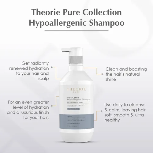 Vista 4 de Theorie Champú hipoalergénico puro ultra suave, a base de plantas y vegano, acondiciona y alivia la piel propensa a la picazón y a las alergias, sin