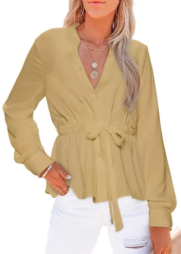 Vista 5 de Dokotoo Camisas de manga larga con botones para mujer, cuello en V, péplum, con lazo en la cintura, blusas casuales de trabajo