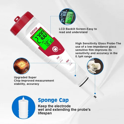 Vista 6 de Probador digital de sal de piscina,Medidor de salinidad de pH para piscina de agua salada,Medidor de sal 5 en 1 Probador de agua de piscina